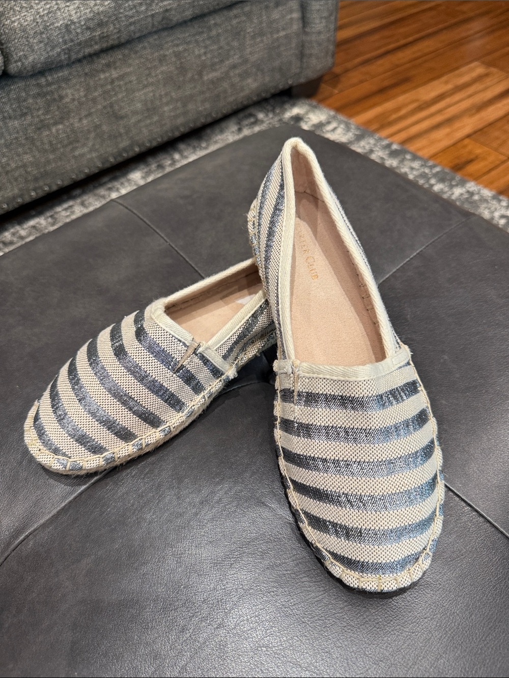 Metallic Striped Canvas Slip-On Espadrilles - Silver & Cream Women’s Size 8M
